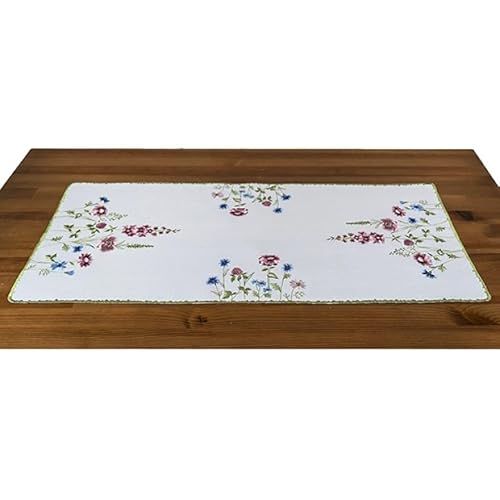 Tischdecke Mitteldecke Tischläufer weiß wollweiß geblümt Bestickt mit Wiesenblumen in grün, blau und Altrosa (40 x 90 cm) von Raebel OHG