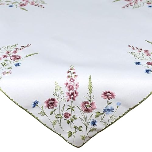 Tischdecke Mitteldecke Tischläufer weiß wollweiß geblümt Bestickt mit Wiesenblumen in grün, blau und Altrosa (85 x 85 cm) von Raebel OHG