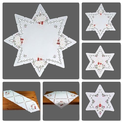 Tischdecke Tischläufer Mitteldecke Deckchen Aufleger Stern Weihnachten Advent weiß Bestickt mit roten Kerzen und Zapfen im Cutworkstil (Stern 60 cm) von Raebel OHG