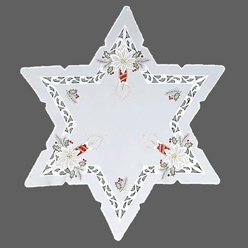 Tischdecke Tischläufer Mitteldecke Deckchen Aufleger Stern Weihnachten Advent weiß Bestickt mit roten Kerzen und Zapfen im Cutworkstil (Stern 60 cm) von Raebel OHG