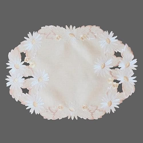 Tischdecke Tischläufer Mitteldecke Deckchen Frühling Bestickt mit weißen Gerbera auf leicht beigem Untergrund (35 x 50 cm) von Raebel OHG