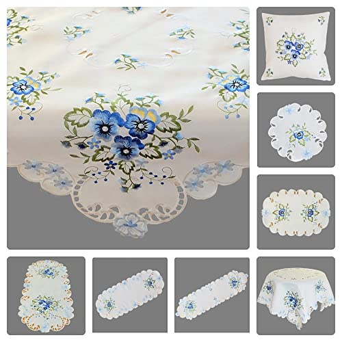 Raebel OHG Tischdecke Tischläufer Mitteldecke Deckchen Kissenhülle Frühling Bestickt mit Stiefmütterchen in blau hellblau auf cremefarbigem Untergrund (30 x 70 cm) von Raebel OHG