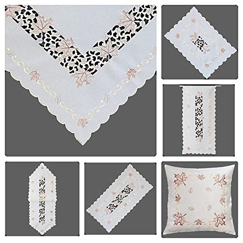 Tischdecke Tischläufer Mitteldecke Deckchen Kissenhülle Herbst Bestickt mit hellbraunen Blättern Cutwork Stil (Kissenhülle 40 x 40 cm) von Raebel OHG