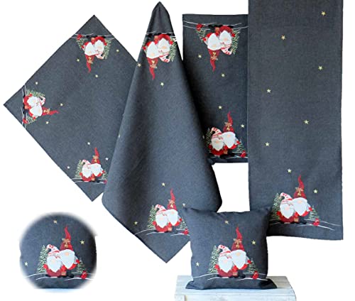 Raebel OHG Tischläufer Mitteldecke Kissenhülle Weihnachten grau anthrazit Bestickt mit Wichtel in rot 130 x 170 cm von Raebel OHG