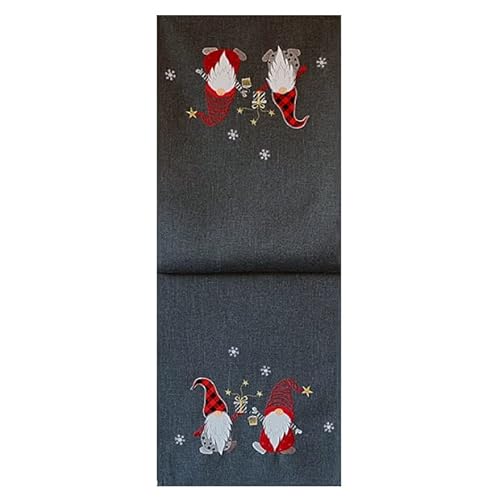 Tischläufer Mitteldecke Kissenhülle Weihnachten grau anthrazit Bestickt mit Zwei Wichteln in rot (40 x 140 cm) von Raebel OHG