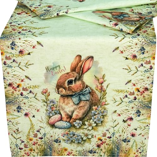 Tischläufer Ostern 40x140 Happy Easter Tischdecke Ostertischdecke Mitteldecke Decke Hellgrün Landhaus Frühling Stoff Waschbar von Raebel OHG