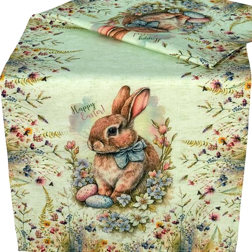 Tischläufer Ostern 40x90 Happy Easter Tischdecke Ostertischdecke Mitteldecke Decke Hellgrün Landhaus Frühling Stoff Waschbar von Raebel OHG