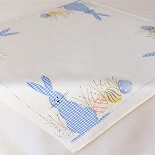 Mitteldecke - ecru-bunt Stickerei "Osterhase - blau" (85/85 cm) von Raebel