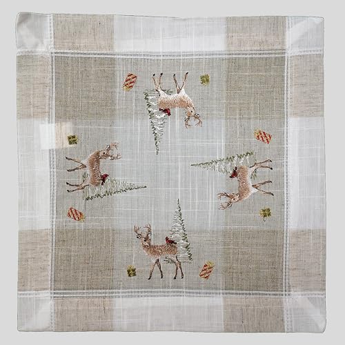 Raebel OHG Tischdecke Mitteldecke Tischläufer Deckchen Kissenhülle Herbst Winter Weihnachten 15% Leinen beige Bestickt mit Rehe und Bäumen (60 x 60 cm) von Raebel OHG