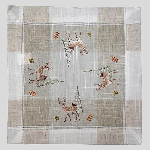 Raebel OHG Tischdecke Mitteldecke Tischläufer Deckchen Kissenhülle Herbst Winter Weihnachten 15% Leinen beige Bestickt mit Rehe und Bäumen (60 x 60 cm) von Raebel