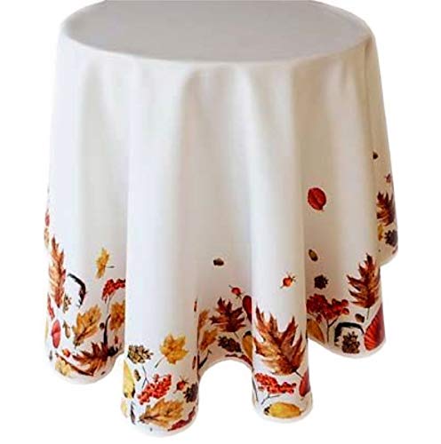 Raebel Tischdecke Herbst Pflegeleicht Decke Herbstdecke Tischtuch Rund Weiß Herbstlaub (130 cm) von Raebel