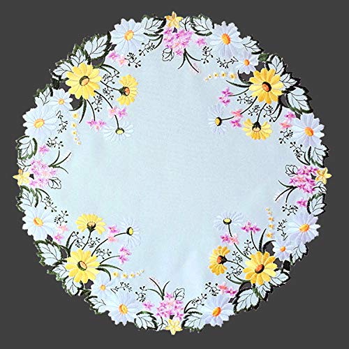 Tischdecke Tischläufer Deckchen Mitteldecke rund Frühling Ostern Bestickt mit bunten Blumen auf cremefarbenem Untergrund (60 cm rund) von Raebel OHG