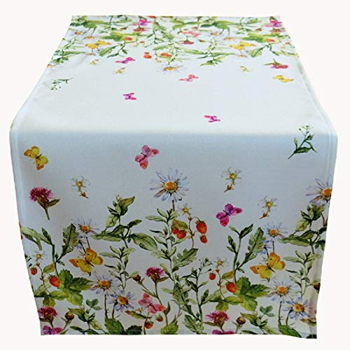 Raebel Tischläufer 40 x 90 cm Tischdecke Mitteldecke Ostern Tischdeko Frühling weiß bunt Blumen und Schmetterlinge von Raebel