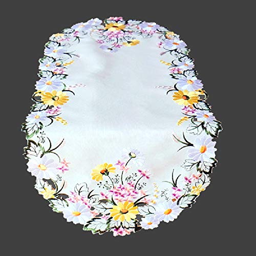 Tischdecke Tischläufer Deckchen Mitteldecke Kissenhülle Frühling Ostern Bestickt mit bunten Blumen auf cremefarbenem Untergrund (40 x 90 cm oval) von Raebel OHG