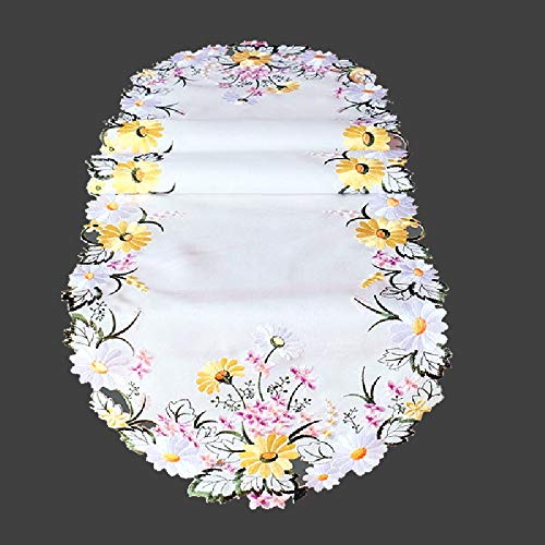 Tischdecke Tischläufer Deckchen Tischset Kissenhülle Bestickt mit bunten Blumen auf cremefarbenem Untergrund (40 x 110 cm oval) von Raebel OHG