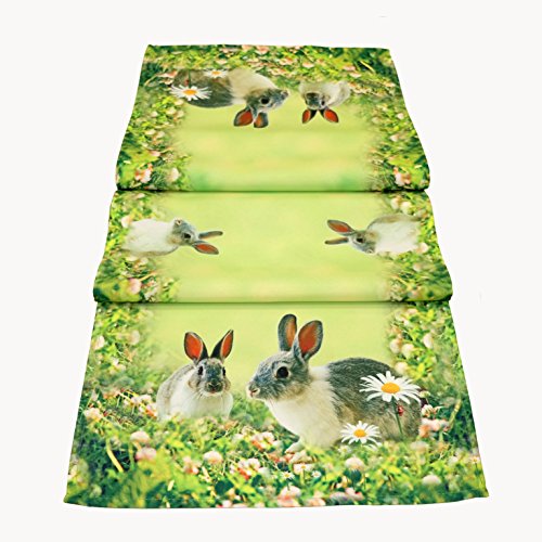 Tischläufer 40 x 90 cm Tischdecke Mitteldecke Ostern Tischdeko Frühling grün bunt Osterhasen Osterdekoration von Raebel