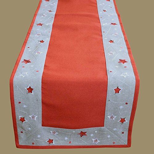 Tischläufer rot 40 x 140 cm hellgrau silber Stickerei Sterne Tischdecke Weihnachtsdecke Weihnachtsdeko Mitteldecke Tischdekoration weihnachtlich von Raebel