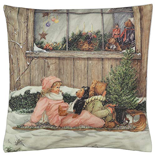 Raebel Weiche Kissenhülle 40x40 cm Weihnachten Kinder mit Schlitten Weihnachtskissen Kissenbezug 100% Polyester von Raebel