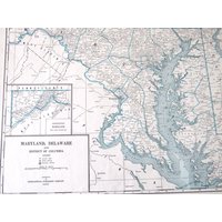 1942 State Map, Maryland, Delaware/Massachusetts, Rhode Island, Sharon, 2-Seitig, Blau Und Weiß, Ungerahmte Atlas Seite von RaesVintage