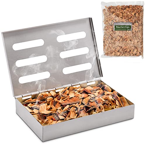Räucherphorie® Räucherbox-Set - Premium Edelstahl Smoker Box + Räucherchips + E-Book - BBQ Food Smoker in der Premium Variante für Gasgrill Elektrogrill oder Holzkohlegrill (RB1-SET) von Räucherphorie