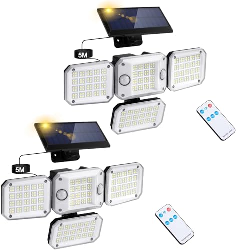 Solarlampen für Außen mit Bewegungsmelder: 296 LED Solar Strahler 3500LM 7000K Solarleuchte 3 Modi mit Fernbedienung IP65 Wasserdicht Solar Aussenleuchte für Terrasse Garage Hof Garten 5m Kabel 2 PCS von Rafow