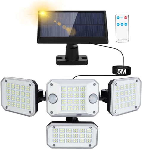 Solarlampen für Außen mit Bewegungsmelder - 296 LED Solar Strahler 3500LM 7000K Solarleuchte 3 Modi mit Fernbedienung IP65 Wasserdicht Solar Aussenleuchte für Terrasse Garage Hof Garten mit 5m Kabel von Rafow