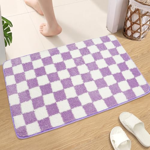 Karierte Badematte Badezimmerteppiche Marokkanischer Schachbrettteppich Anti-Rutsch Doormat Badeteppich Weiche Mikrofaser-Maschine Waschbare Fußmatten für Wanne (lila, 50x80cm) von Ragelion