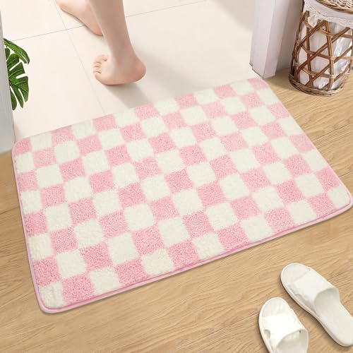 Karierte Badematte Badezimmerteppiche Marokkanischer Schachbrettteppich Anti-Rutsch Doormat Badeteppich Weiche Mikrofaser-Maschine Waschbare Fußmatten für Wanne (pink, 50x80cm) von Ragelion