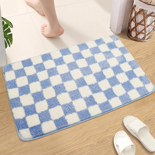 Ragelion Karierte Badematte Badezimmerteppiche Marokkanischer Schachbrettteppich Anti-Rutsch Doormat Badeteppich Weiche Mikrofaser-Maschine Waschbare Fußmatten für Wanne (blau, 50x80cm) von Ragelion