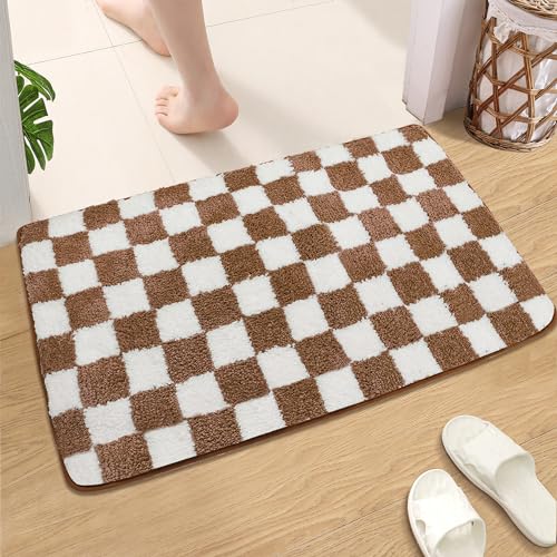 Ragelion Karierte Badematte Badezimmerteppiche Marokkanischer Schachbrettteppich Anti-Rutsch Doormat Badeteppich Weiche Mikrofaser-Maschine Waschbare Fußmatten für Wanne (braun, 50x80cm) von Ragelion