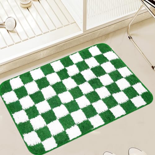 Ragelion Karierte Badematte Badezimmerteppiche Marokkanischer Schachbrettteppich Anti-Rutsch Doormat Badeteppich Weiche Mikrofaser-Maschine Waschbare Fußmatten für Wanne (grün, 45x65cm) von Ragelion