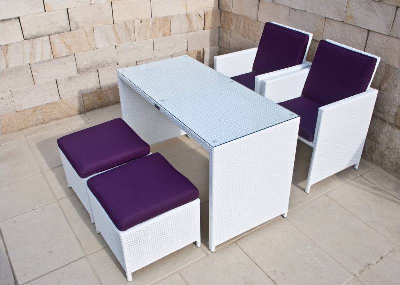Ragnarök Möbel-Design Garten-Essgruppe HEIMDALL Esstisch Set 2+2, (Set, 1 Tisch, 2 Sessel, 2 Hocker, 6 Polster, Polyrattan, Aluminium), 10 Jahre Garantie auf UV Beständigkeit des Polyrattan, Würfelsystem von Ragnarök Möbel-Design