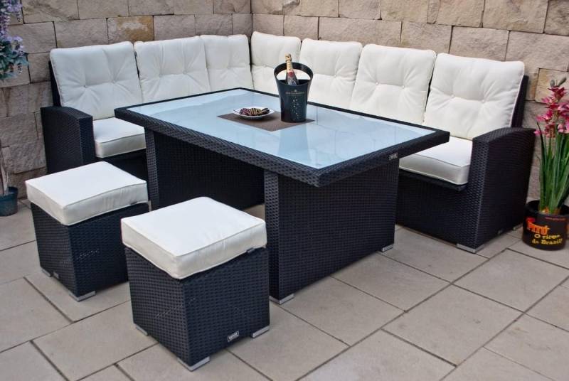 Ragnarök Möbel-Design Garten-Essgruppe Dining Lounge Wieland L, (Ecksofa + Tisch + Hocker, Polyrattan, inkl. aller Polster), Sitzpolster ca. 16 cm dick, 2 Härtegrade von Ragnarök Möbel-Design