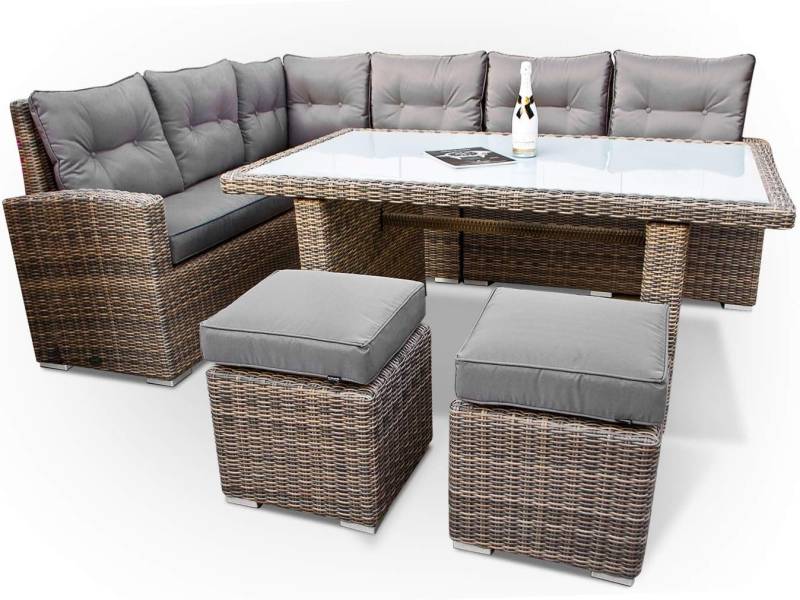 Ragnarök Möbel-Design Gartenlounge-Set Dining Lounge Wieland L, (Set, Ecksofa + Tisch + Hocker, Polyrattan, inkl. aller Polster), Sitzpolster ca. 16 cm dick von Ragnarök Möbel-Design
