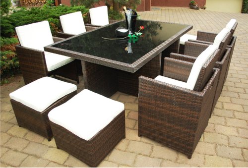 Ragnarök-Möbeldesign DEUTSCHE Marke - EIGNENE Produktion - 8 Jahre GARANTIE Garten Möbel Glas Polster PolyRattan Set Gartenmöbel Tisch Stuhl Hocker BRAUN von Ragnarök-Möbeldesign