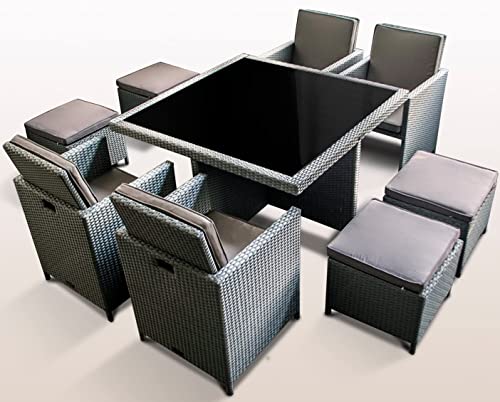 Ragnarök-Möbeldesign PolyRattan - DEUTSCHE Marke - EIGNENE Produktion - 8 Jahre GARANTIE auf UV-Beständigkeit Gartenmöbel Essgruppe Tisch + 4 Stühle & 4 Hocker 12 Polster Platinum Grau von Ragnarök-Möbeldesign