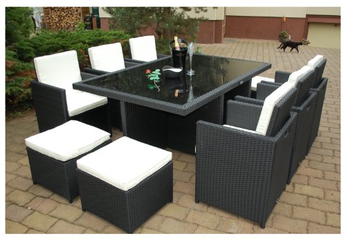 Ragnarök-Möbeldesign PolyRattan Essgruppe - DEUTSCHE Marke - EIGNENE Produktion - 8 Jahre GARANTIE - 6 Stuhl 4 Hocker Garten Möbel Glas Polster schwarz Gartenmöbel Dinning Aluminium Rostfrei von Ragnarök-Möbeldesign