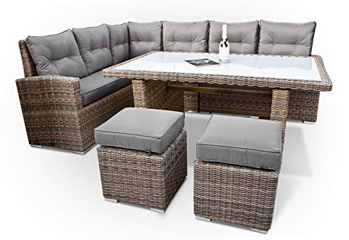 Premium PolyRattan Dining lounge - Deutscher Hersteller - 8 Jahre GARANTIE - Aluminium Gartenmöbel Essgruppe Polster Sitzkissen Grau Natur Rostfrei Esstisch Rattan Garten Sitzgruppe Tisch von Ragnarök-Möbeldesign