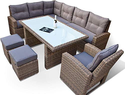 hohe Dining Lounge - DEUTSCHE Hersteller - 8 Jahre GARANTIE - EIGENE Produktion - PolyRattan Gartenmöbel Essgruppe Sessel Naturfarben Rundrattan Grau von Ragnarök-Möbeldesign