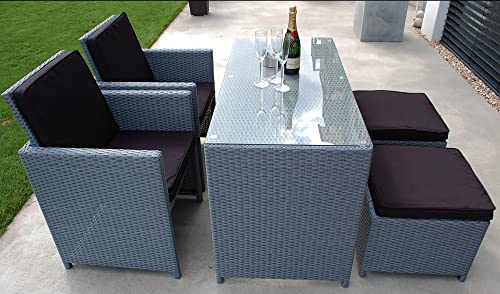 Ragnarök-Möbeldesign Gartenmöbel PolyRattan DEUTSCHE Marke - EIGENE Produktion 8 Jahre GARANTIE Essgruppe Tisch Stuhl + Hocker Möbel Balkon Set Grau von Ragnarök-Möbeldesign
