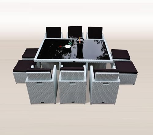 Ragnarök-Möbeldesign Gartenmöbel PolyRattan Essgruppe Tisch 6 Stühle & 4 Hocker DEUTSCHE Marke - EIGNENE Produktion Garten Möbel incl. Glas und Sitzkissen WEIß von Ragnarök-Möbeldesign