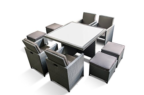 Ragnarök-Möbeldesign PolyRattan - DEUTSCHE Marke - EIGNENE Produktion - 8 Jahre GARANTIE auf UV-Beständigkeit Gartenmöbel Essgruppe Tisch + 4 Stühle & 4 Hocker 12 Polster Platinum Grau von Ragnarök-Möbeldesign