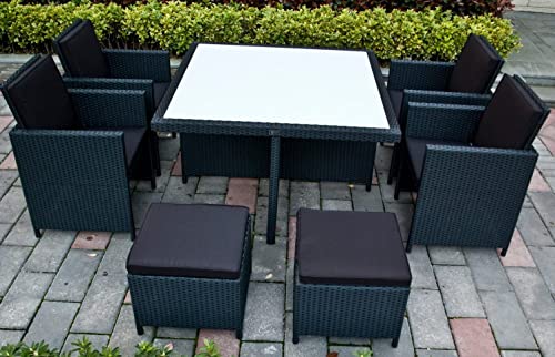 Ragnarök-Möbeldesign PolyRattan - DEUTSCHE Marke - EIGNENE Produktion - 8 Jahre GARANTIE auf UV-Beständigkeit Gartenmöbel Essgruppe Tisch + 4 Stühle & 4 Hocker 12 Polster Schwarz… von Ragnarök-Möbeldesign