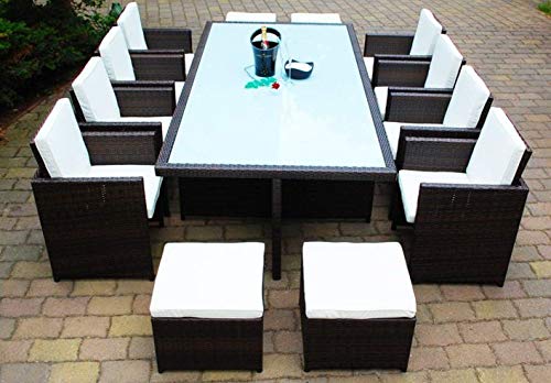 PolyRattan Essgruppe - Deutscher Hersteller - 8 Jahre GARANTIE - Tisch + 8 Stuhl & 4 Hocker Gartenmöbel Glas Polster braun Gartenmöbel Aluminium Rattan von Ragnarök-Möbeldesign