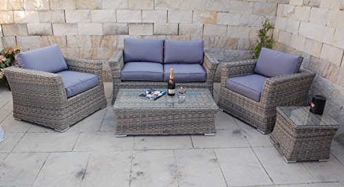 Ragnarök-Möbeldesign PolyRattan Lounge DEUTSCHE Marke - EIGNENE Produktion - 8 Jahre GARANTIE auf UV-Beständigkeit - Garten Möbel Glas Polster (Natur-Farben Rundrattan Optik) Gartenmöbel Alu von Ragnarök-Möbeldesign