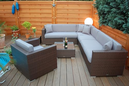 Ragnarök-Möbeldesign PolyRattan Lounge DEUTSCHE Marke - EIGNENE Produktion - 8 Jahre GARANTIE auf UV-Beständigkeit - Garten Möbel Glas Polster braun Gartenmöbel Aluminium Sofa Sessel grau von Ragnarök-Möbeldesign