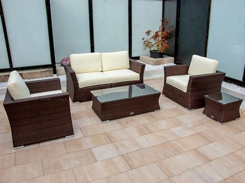 Ragnarök-Möbeldesign PolyRattan Lounge - Deutscher Hersteller - 8 Jahre GARANTIE - Tisch Sofa Sessel Gartenmöbel Glas Polster Aluminium Rattan Isfjord Braun Beige von Ragnarök-Möbeldesign