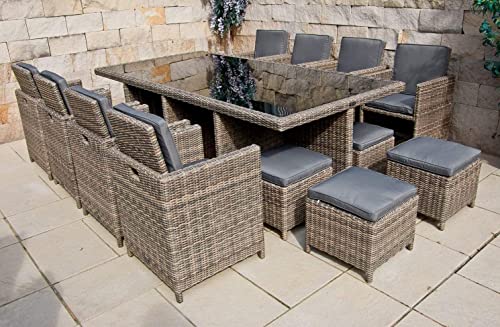 PolyRattan - Deutscher Hersteller - 8 Jahre GARANTIE auf UV-Beständigkeit - Gartenmöbel Essgruppe Tisch 8 Stuhl Hocker Polster Rostfrei Aluminium Dining Lounge Naturfarben Grau Schwarz von Ragnarök-Möbeldesign