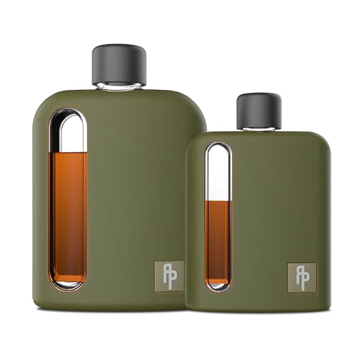 Ragproper Moderner Flachmann aus Glas für Whiskey und Spirituosen (Single Shot 100 ml + Double Shot 240 ml, Silikon, Militärgrün) von Ragproper