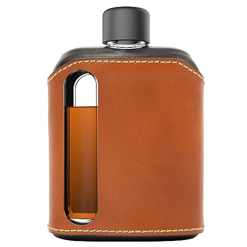 Ragproper Moderner Glas-Flachmann – langlebiger Flachmann für Whisky für Männer & Frauen – Trinkflasche für Männer – Glas-Lederflasche für Spirituosen (Double Shot 240 ml, Schwarz & Hellbraun) von Ragproper